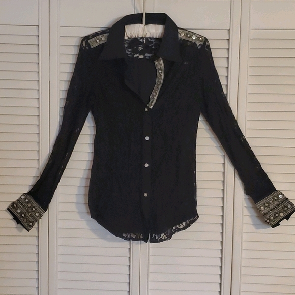BKE Tops - BKE Lace Button Up with Beading Embelishments